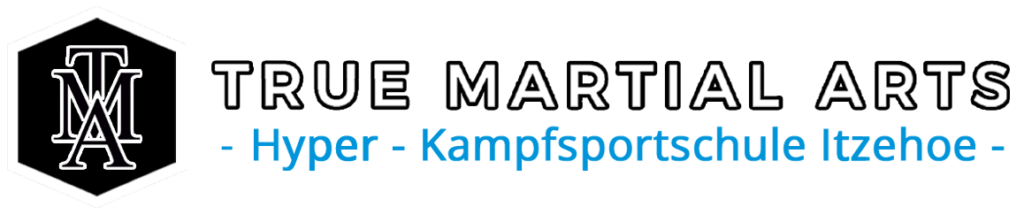 True Martial Arts Hyper Kampfsportschule Itzehoe logo with a black hexagonal badge and intertwined white initials, plus blue tagline text.”—